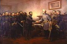 Painting of United States generals shaking hands with other soldiers also in the room