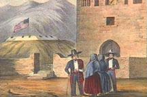 Painting of civilians at a fort with an American flag